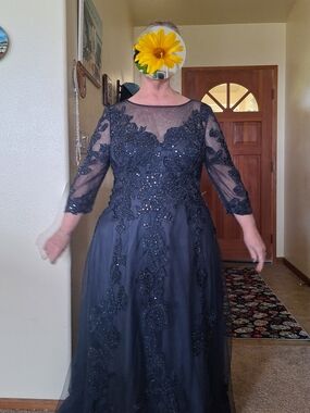 Embellished Navy Illusion-Sleeve Maxi Dress